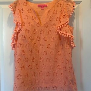 Lilly Pulitzer Peach Eyelet Blouse with Pom-Pom Detail